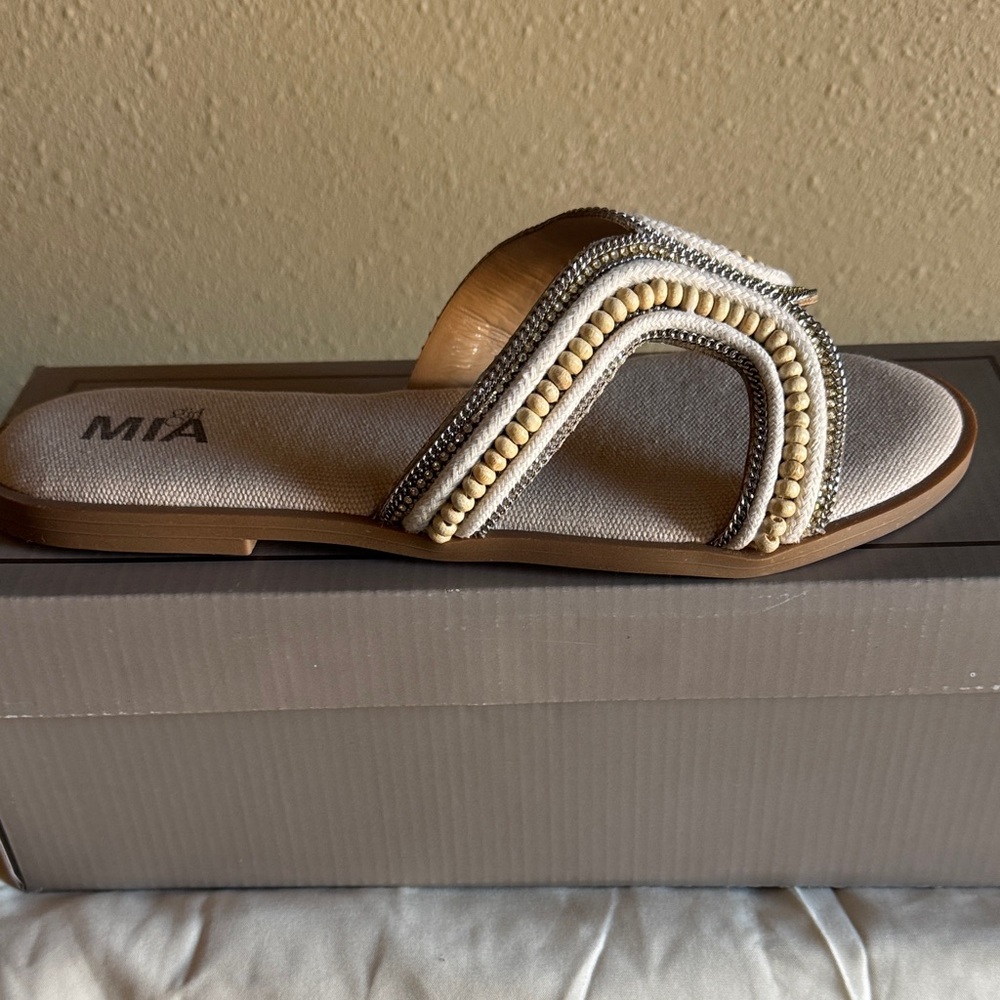 MIA Women's Tan Beaded Slide Sandals